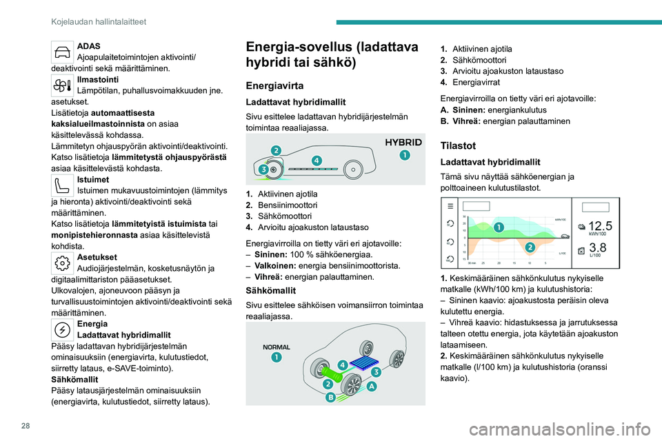 PEUGEOT 308 2024  Omistajan Käsikirja (in Finnish) 28
Kojelaudan hallintalaitteet
ADAS
Ajoapulaitetoimintojen aktivointi/
deaktivointi sekä määrittäminen.
Ilmastointi
Lämpötilan, puhallusvoimakkuuden jne. 
asetukset.
Lisätietoja  automaattisest