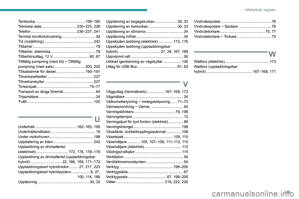 PEUGEOT 308 2024  Bruksanvisningar (in Swedish) 253
Alfabetiskt register
Tanklucka     159–160
Tekniska data     
220–223, 226
Telefon
    
236–237, 241
Termisk komfortutrustning
    
24
Tid (inställning)
    
242
Tillbehör
    
79
Tillbeh