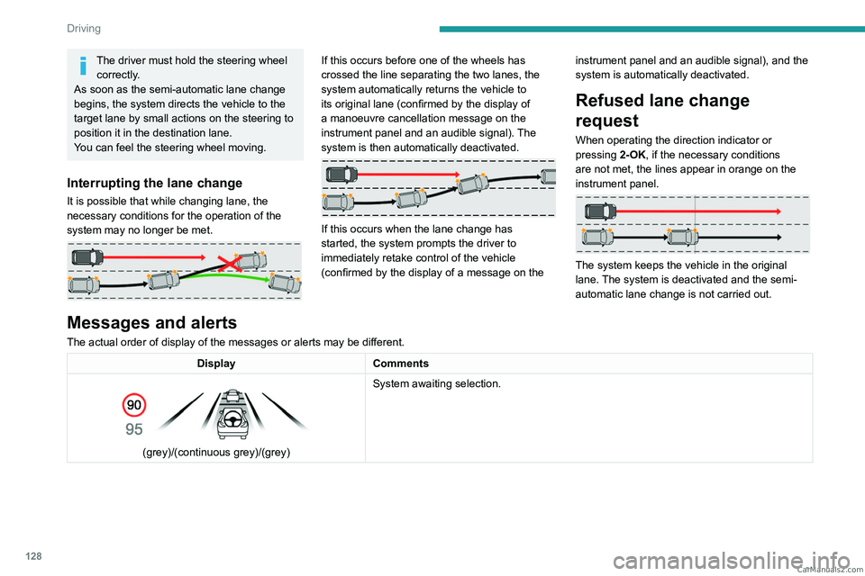 PEUGEOT 308 2023  Owners Manual 128
Driving
The driver must hold the steering wheel correctly.
As soon as the semi-automatic lane change 
begins, the system directs the vehicle to the 
target lane by small actions on the steering to