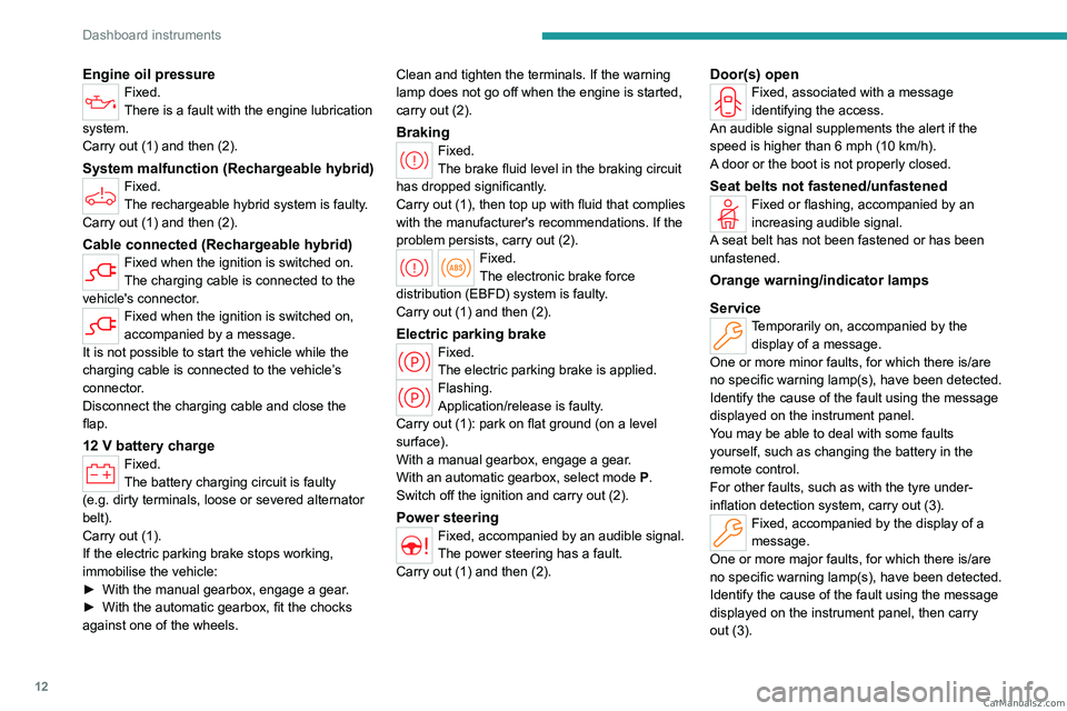 PEUGEOT 308 2023  Owners Manual 12
Dashboard instruments
Engine oil pressureFixed.
There is a fault with the engine lubrication 
system.
Carry out (1) and then (2).
System malfunction (Rechargeable hybrid)Fixed.
The rechargeable hyb