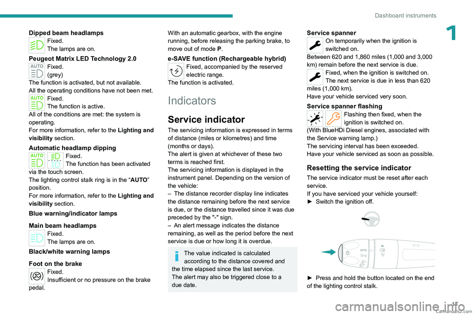 PEUGEOT 308 2023  Owners Manual 17
Dashboard instruments
1Dipped beam headlampsFixed.
The lamps are on.
Peugeot Matrix LED Technology 2.0Fixed.
(grey)
The function is activated, but not available.
All the operating conditions have n