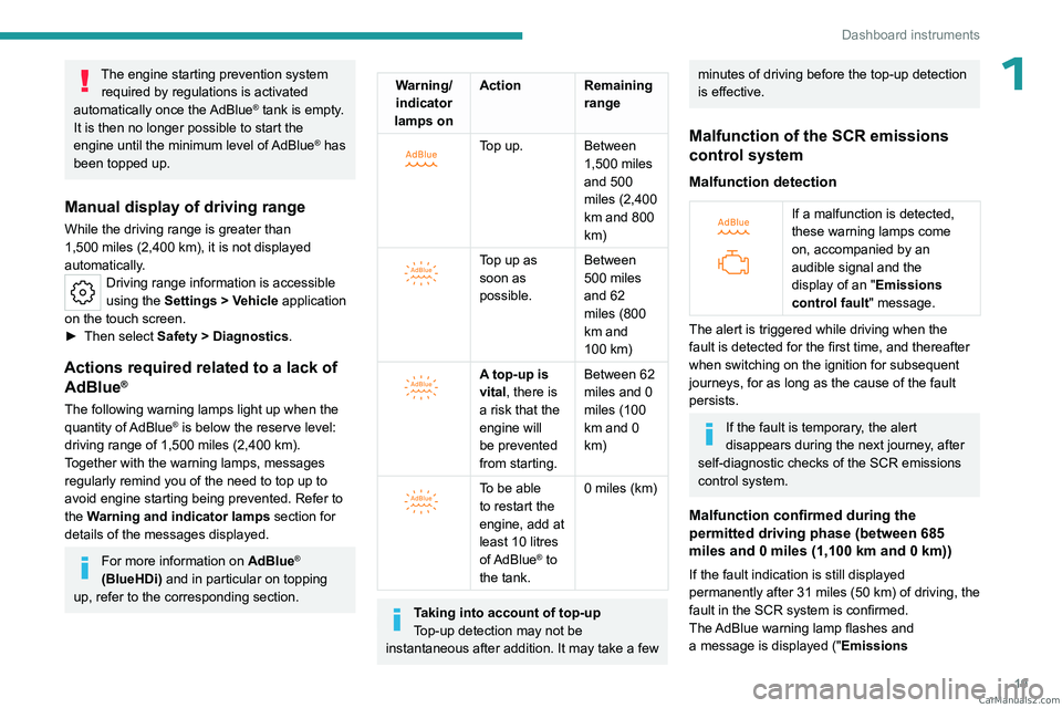 PEUGEOT 308 2023  Owners Manual 19
Dashboard instruments
1The engine starting prevention system required by regulations is activated 
automatically once the AdBlue
® tank is empty. 
It is then no longer possible to start the 
engin
