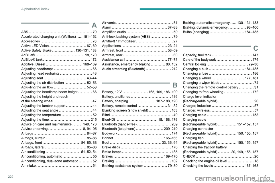 PEUGEOT 308 2023  Owners Manual 220
Alphabetical index
A
ABS    79
Accelerated charging unit (Wallbox)     
151–152
Accessories
    
76
Active LED Vision
    
67, 69
Active Safety Brake
   
130–131, 133
AdBlue®
    
18, 170
AdB