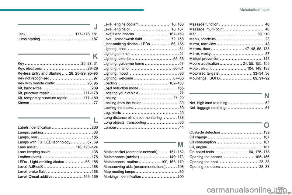 PEUGEOT 308 2023  Owners Manual 223
Alphabetical index
J
Jack    177–178, 181
Jump starting     
187
K
Key    26–27, 31
Key, electronic     
28–29
Keyless Entry and Starting
   
26, 28–29, 95–96
Key not recognised
    
97
