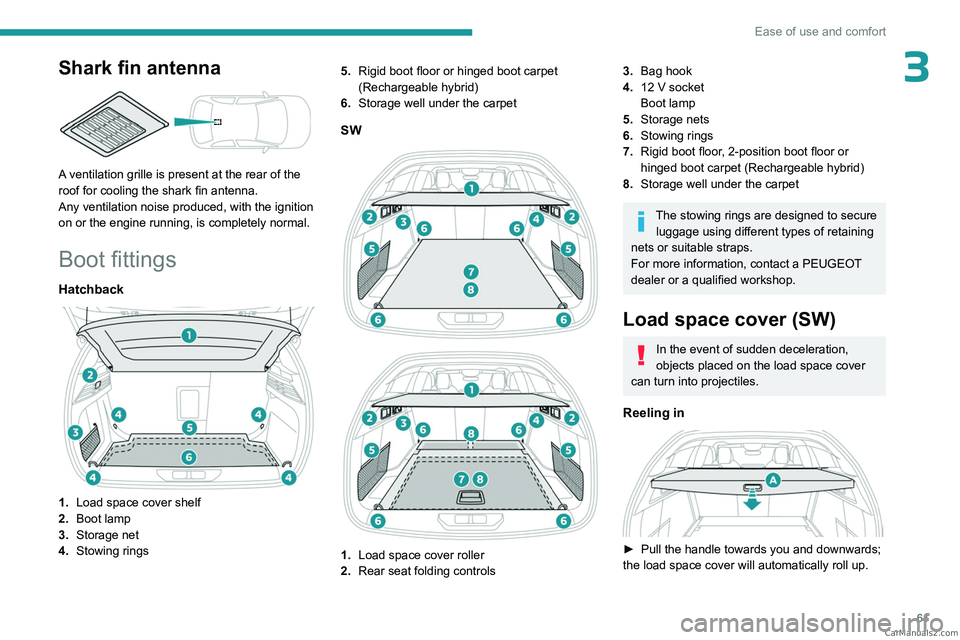 PEUGEOT 308 2023 Repair Manual 61
Ease of use and comfort
3Shark fin antenna 
 
A ventilation grille is present at the rear of the 
roof for cooling the shark fin antenna.
Any ventilation noise produced, with the ignition 
on or th
