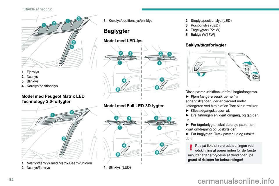 PEUGEOT 308 2023 Brugsanvisning (in Danish) 182
I tilfælde af nedbrud
1.Fjernlys
2. Nærlys
3. Blinklys
4. Kørelys/positionslys
Model med Peugeot Matrix LED
Technology 2.0-forlygter
1.Nærlys/fjernlys med Matrix Beam-funktion
2. Nær PEUGEOT 308 2023 Brugsanvisning (in Danish) 182
I tilfælde af nedbrud
1.Fjernlys
2. Nærlys
3. Blinklys
4. Kørelys/positionslys
Model med Peugeot Matrix LED
Technology 2.0-forlygter
1.Nærlys/fjernlys med Matrix Beam-funktion
2. Nær