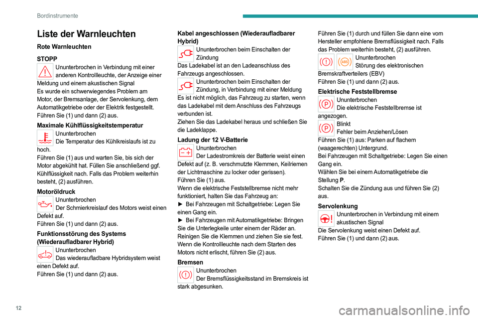 PEUGEOT 308 2023 Betriebsanleitungen (in German) 12
Bordinstrumente
Liste der Warnleuchten
Rote Warnleuchten
STOPP
Ununterbrochen in Verbindung mit einer anderen Kontrollleuchte, der Anzeige einer
Meldung und einem akustischen Signal
Es wurde ein s PEUGEOT 308 2023 Betriebsanleitungen (in German) 12
Bordinstrumente
Liste der Warnleuchten
Rote Warnleuchten
STOPP
Ununterbrochen in Verbindung mit einer anderen Kontrollleuchte, der Anzeige einer
Meldung und einem akustischen Signal
Es wurde ein s