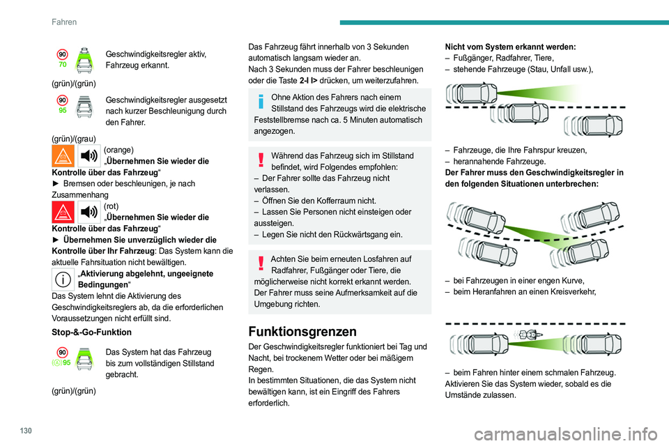 PEUGEOT 308 2023 Betriebsanleitungen (in German) 130
Fahren
Geschwindigkeitsregler aktiv,
Fahrzeug erkannt.
(grün)/(grün)
Geschwindigkeitsregler ausgesetzt
nach kurzer Beschleunigung durch
den Fahrer.
(grün)/(grau)
(orange) „ Übernehmen Sie PEUGEOT 308 2023 Betriebsanleitungen (in German) 130
Fahren
Geschwindigkeitsregler aktiv,
Fahrzeug erkannt.
(grün)/(grün)
Geschwindigkeitsregler ausgesetzt
nach kurzer Beschleunigung durch
den Fahrer.
(grün)/(grau)
(orange) „ Übernehmen Sie