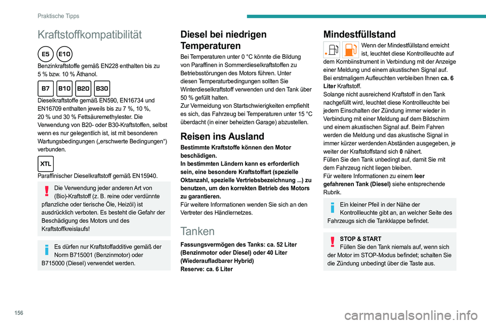 PEUGEOT 308 2023 Betriebsanleitungen (in German) 156
Praktische Tipps
Kraftstoffkompatibilität
Benzinkraftstoffe gemäß EN228 enthalten bis zu
5 % bzw. 10 % Äthanol.
Dieselkraftstoffe gemäß EN590, EN16734 und
EN16709 enthalten jeweils PEUGEOT 308 2023 Betriebsanleitungen (in German) 156
Praktische Tipps
Kraftstoffkompatibilität
Benzinkraftstoffe gemäß EN228 enthalten bis zu
5 % bzw. 10 % Äthanol.
Dieselkraftstoffe gemäß EN590, EN16734 und
EN16709 enthalten jeweils