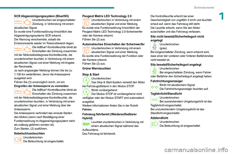 PEUGEOT 308 2023 Betriebsanleitungen (in German) 17
Bordinstrumente
1SCR Abgasreinigungssystem (BlueHDi)Ununterbrochen bei eingeschalteter Zündung, in Verbindung mit einem
akustischen Signal.
Es wurde eine Funktionsstörung hinsichtlich des
Abgas PEUGEOT 308 2023 Betriebsanleitungen (in German) 17
Bordinstrumente
1SCR Abgasreinigungssystem (BlueHDi)Ununterbrochen bei eingeschalteter Zündung, in Verbindung mit einem
akustischen Signal.
Es wurde eine Funktionsstörung hinsichtlich des
Abgas