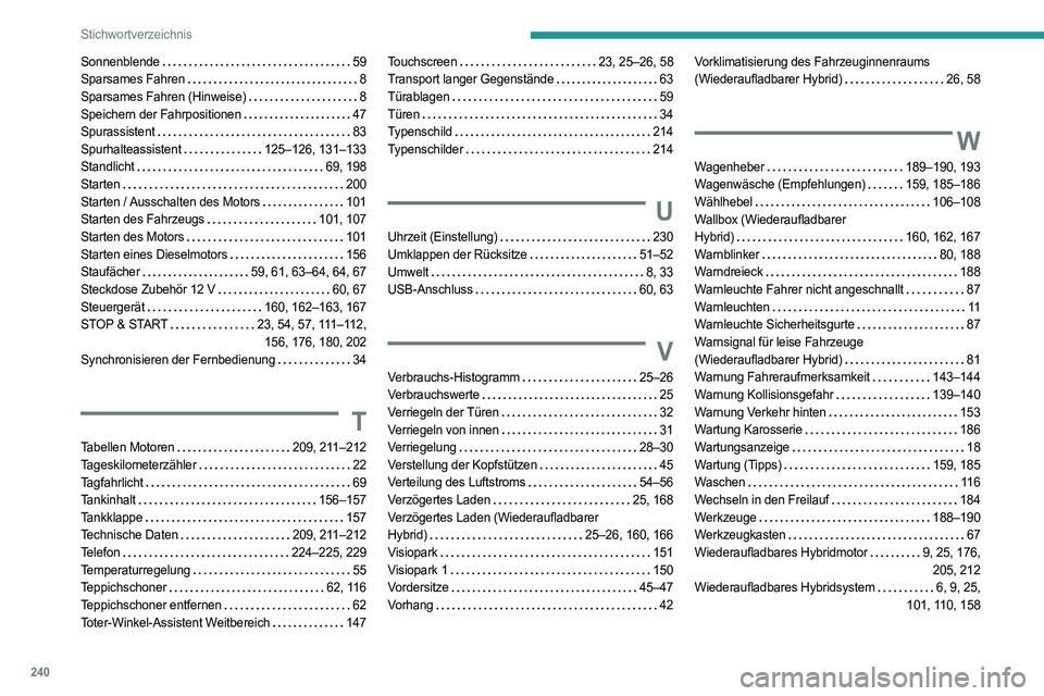 PEUGEOT 308 2023  Betriebsanleitungen (in German) 240
Stichwortverzeichnis
Sonnenblende     59
Sparsames Fahren     
8
Sparsames Fahren (Hinweise)
   
8
Speichern der Fahrpositionen
   
47
Spurassistent
    
83
Spurhalteassistent
    
125–126, 131