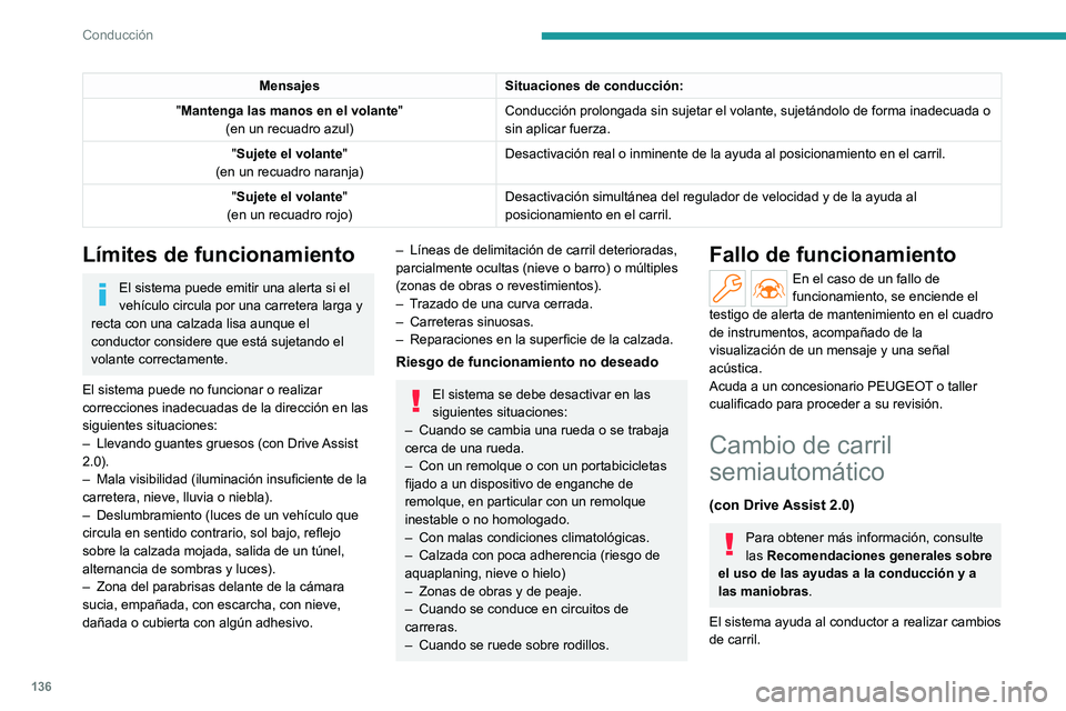 PEUGEOT 308 2023 Manual del propietario (in Spanish) 136
Conducción
MensajesSituaciones de conducción:
"Mantenga las manos en el volante "
(en un recuadro azul) Conducción prolongada sin sujetar el volante, sujetándolo de forma\
inadecuada PEUGEOT 308 2023 Manual del propietario (in Spanish) 136
Conducción
MensajesSituaciones de conducción:
"Mantenga las manos en el volante "
(en un recuadro azul) Conducción prolongada sin sujetar el volante, sujetándolo de forma\
inadecuada