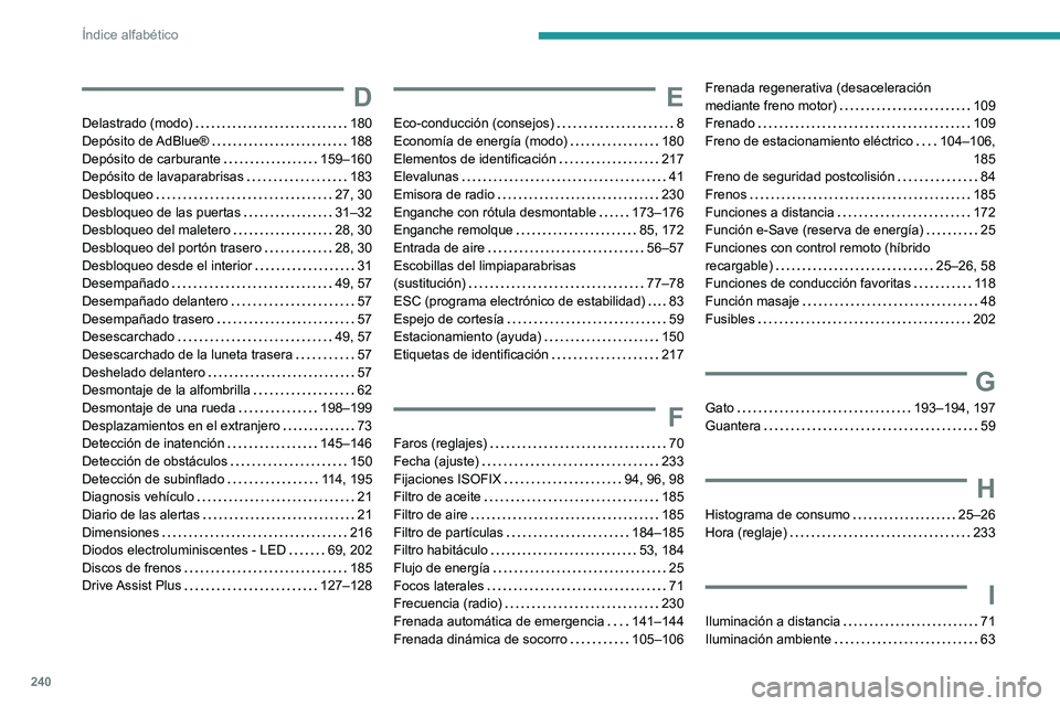 PEUGEOT 308 2023 Manual del propietario (in Spanish) 240
Índice alfabético
D
Delastrado (modo) 180
Depósito de AdBlue®
188
Depósito de carburante
159–160
Depósito de lavaparabrisas
183
Desbloqueo
27, 30
Desbloqueo de las PEUGEOT 308 2023 Manual del propietario (in Spanish) 240
Índice alfabético
D
Delastrado (modo) 180
Depósito de AdBlue®
188
Depósito de carburante
159–160
Depósito de lavaparabrisas
183
Desbloqueo
27, 30
Desbloqueo de las