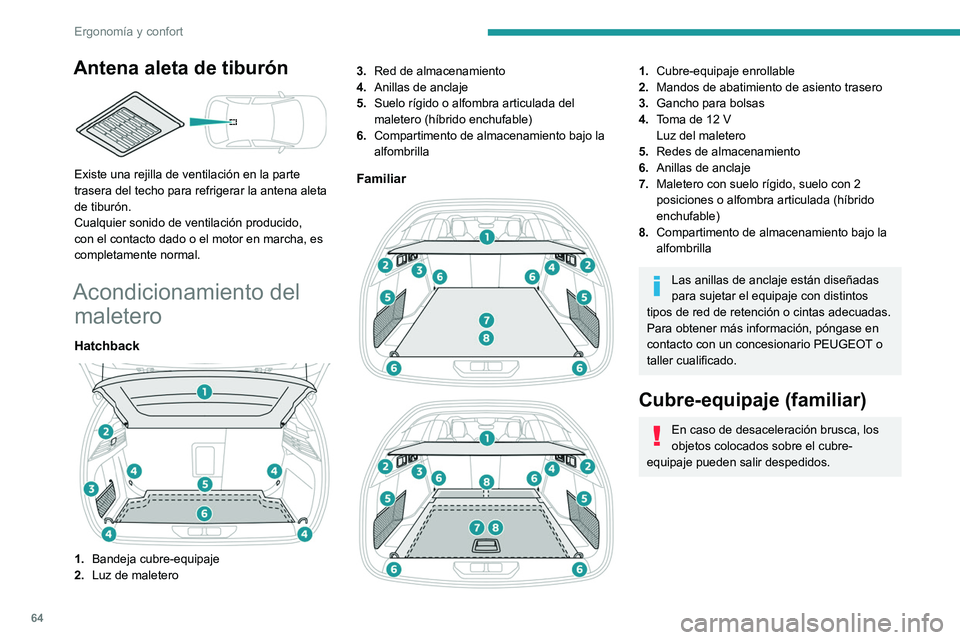 PEUGEOT 308 2023 Manual del propietario (in Spanish) 64
Ergonomía y confort
Antena aleta de tiburón
Existe una rejilla de ventilación en la parte
trasera del techo para refrigerar la antena aleta
de tiburón.
Cualquier sonido de ventilación pro PEUGEOT 308 2023 Manual del propietario (in Spanish) 64
Ergonomía y confort
Antena aleta de tiburón
Existe una rejilla de ventilación en la parte
trasera del techo para refrigerar la antena aleta
de tiburón.
Cualquier sonido de ventilación pro