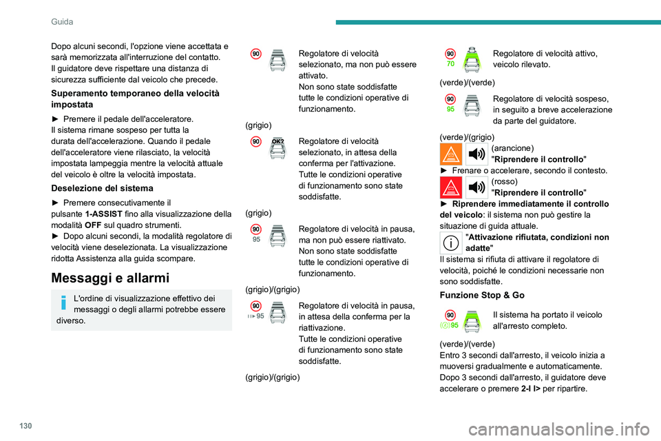 PEUGEOT 308 2023  Manuale duso (in Italian) 130
Guida
Dopo alcuni secondi, l'opzione viene accettata e 
sarà memorizzata all'interruzione del contatto.
Il guidatore deve rispettare una distanza di 
sicurezza sufficiente dal veicolo che