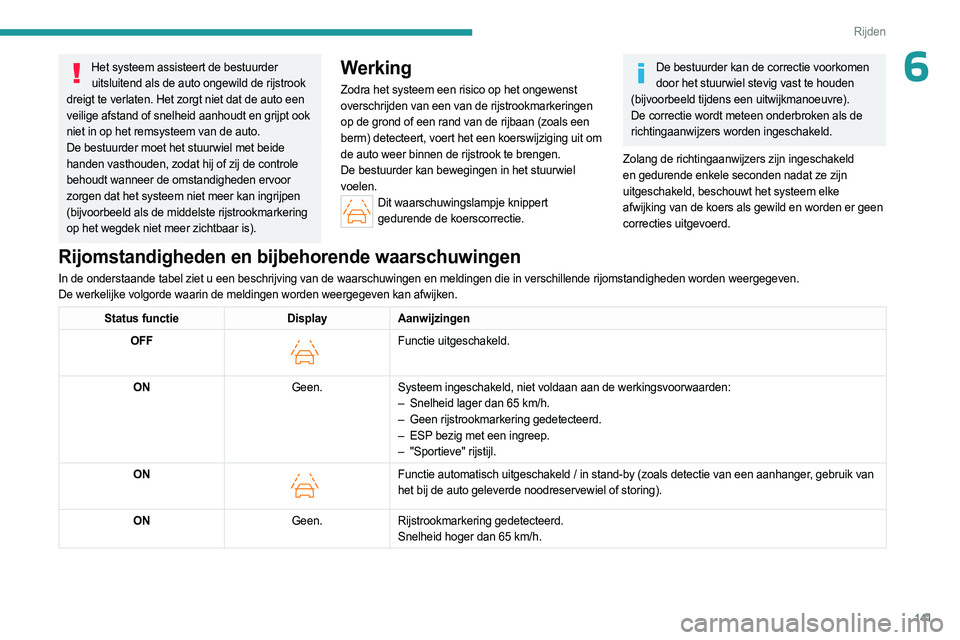 PEUGEOT 308 2023  Instructieboekje (in Dutch) 141
Rijden
6Het systeem assisteert de bestuurder uitsluitend als de auto ongewild de rijstrook 
dreigt te verlaten. Het zorgt niet dat de auto een 
veilige afstand of snelheid aanhoudt en grijpt ook 
