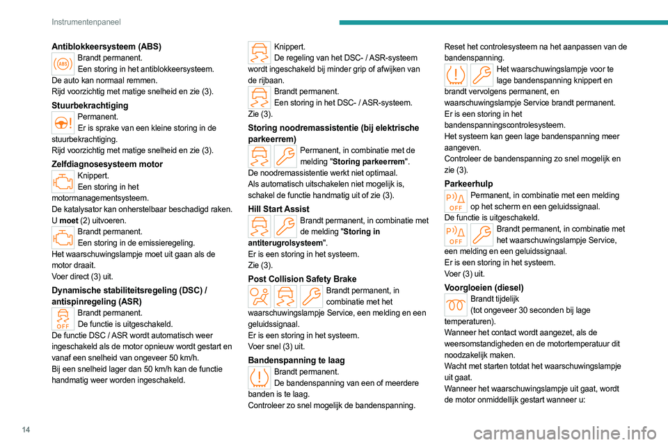 PEUGEOT 308 2023  Instructieboekje (in Dutch) 14
Instrumentenpaneel
Antiblokkeersysteem (ABS)Brandt permanent.Een storing in het antiblokkeersysteem.
De auto kan normaal remmen. 
Rijd voorzichtig met matige snelheid en zie (3).
Stuurbekrachtiging