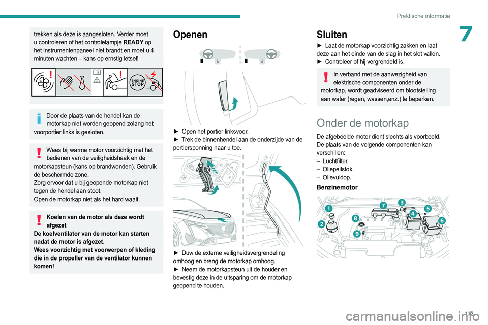 PEUGEOT 308 2023 Instructieboekje (in Dutch) 173
Praktische informatie
7trekken als deze is aangesloten. Verder moet
u controleren of het controlelampje READY op
het instrumentenpaneel niet brandt en moet u 4
minuten wachten – kans op ernst PEUGEOT 308 2023 Instructieboekje (in Dutch) 173
Praktische informatie
7trekken als deze is aangesloten. Verder moet
u controleren of het controlelampje READY op
het instrumentenpaneel niet brandt en moet u 4
minuten wachten – kans op ernst