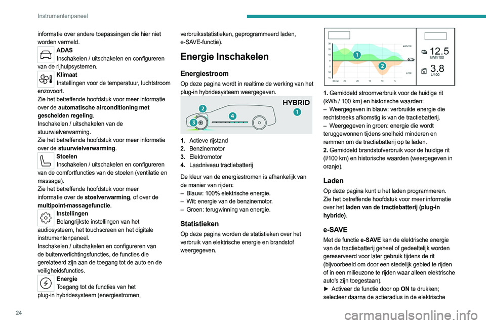 PEUGEOT 308 2023  Instructieboekje (in Dutch) 24
Instrumentenpaneel
informatie over andere toepassingen die hier niet 
worden vermeld.
ADASInschakelen / uitschakelen en configureren 
van de rijhulpsystemen.
Klimaat Instellingen voor de temperatuu