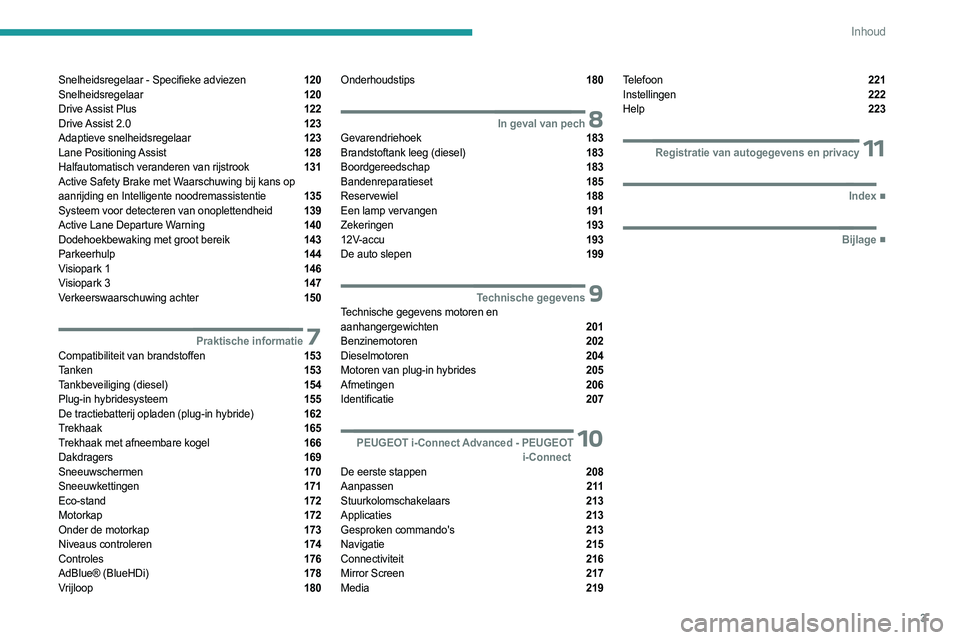 PEUGEOT 308 2023  Instructieboekje (in Dutch) 3
Inhoud
Snelheidsregelaar - Specifieke adviezen  120
Snelheidsregelaar  120
Drive Assist  Plus  122
Drive Assist  2.0  123
Adaptieve snelheidsregelaar  123
Lane  Positioning Assist  128
Halfautomatis