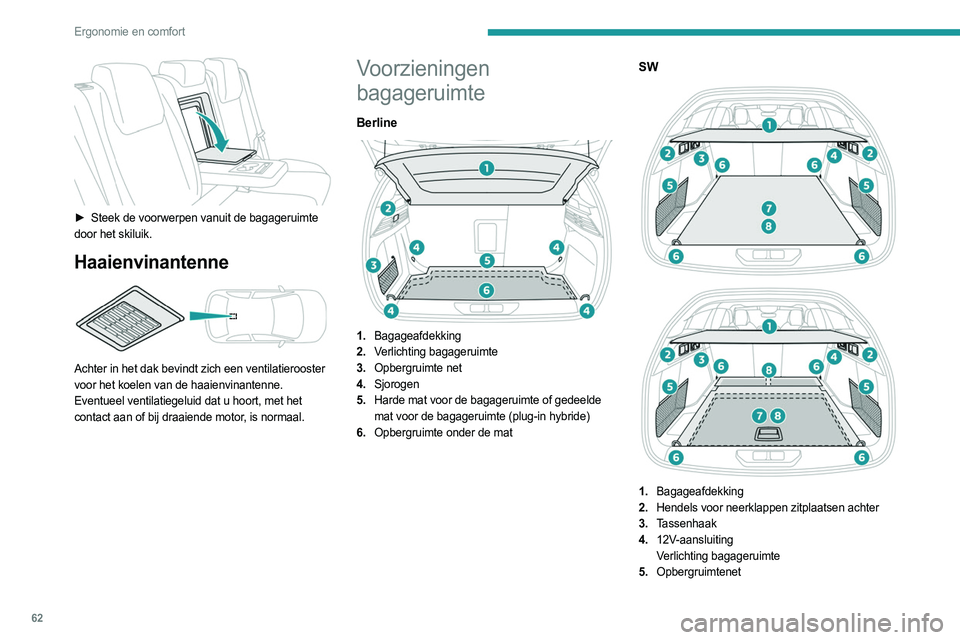PEUGEOT 308 2023 Instructieboekje (in Dutch) 62
Ergonomie en comfort
► Steek de voorwerpen vanuit de bagageruimte
door het skiluik.
Haaienvinantenne
Achter in het dak bevindt zich een ventilatierooster
voor het koelen van de haaienvinan PEUGEOT 308 2023 Instructieboekje (in Dutch) 62
Ergonomie en comfort
► Steek de voorwerpen vanuit de bagageruimte
door het skiluik.
Haaienvinantenne
Achter in het dak bevindt zich een ventilatierooster
voor het koelen van de haaienvinan