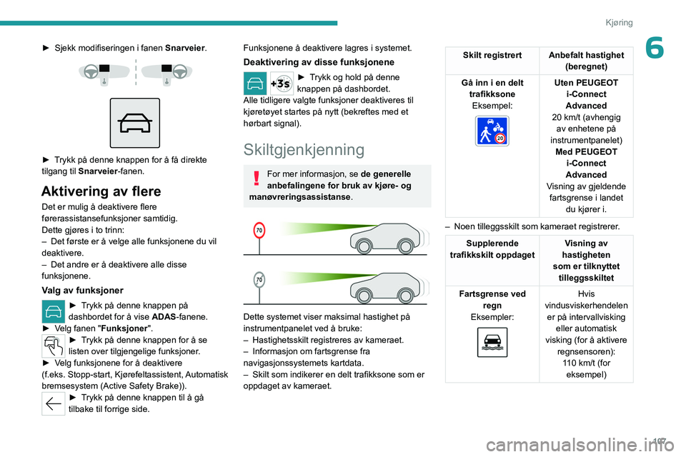 PEUGEOT 308 2023 Instruksjoner for bruk (in Norwegian) 107
Kjøring
6â–º Sjekk modifiseringen i fanen Snarveier.
► Trykk på denne knappen for å få direkte
tilgang til Snarveier -fanen.
Aktivering av flere
Det er mulig å deaktivere flere
fà PEUGEOT 308 2023 Instruksjoner for bruk (in Norwegian) 107
Kjøring
6â–º Sjekk modifiseringen i fanen Snarveier.
► Trykk på denne knappen for å få direkte
tilgang til Snarveier -fanen.
Aktivering av flere
Det er mulig å deaktivere flere
fÃ