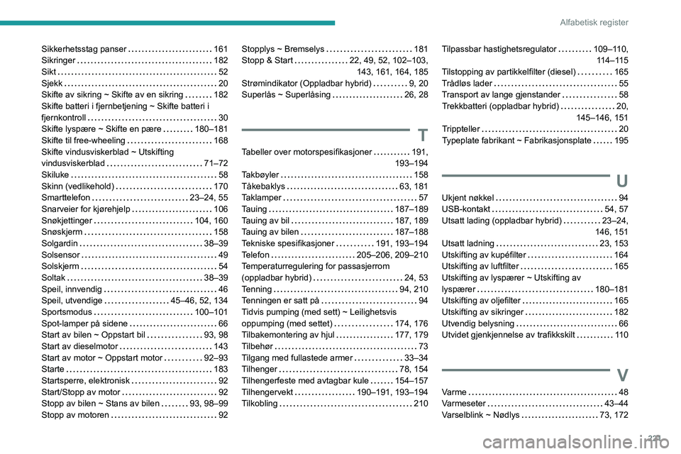PEUGEOT 308 2023 Instruksjoner for bruk (in Norwegian) 221
Alfabetisk register
Sikkerhetsstag panser 161
Sikringer
182
Sikt
52
Sjekk
20
Skifte av sikring ~ Skifte av en sikring
182
Skifte batteri i fjernbetjening ~ Skifte batteri i PEUGEOT 308 2023 Instruksjoner for bruk (in Norwegian) 221
Alfabetisk register
Sikkerhetsstag panser 161
Sikringer
182
Sikt
52
Sjekk
20
Skifte av sikring ~ Skifte av en sikring
182
Skifte batteri i fjernbetjening ~ Skifte batteri i