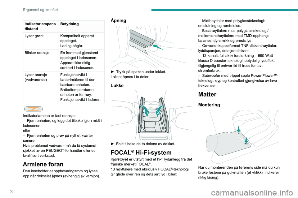 PEUGEOT 308 2023 Instruksjoner for bruk (in Norwegian) 56
Ergonomi og komfort
Indikatorlampens
tilstandBetydning
Lyser grønt Kompatibelt apparat oppdaget.
Lading pågår.
Blinker oransje En fremmed gjenstand oppdaget i ladesonen.
Apparat ikke riktig
PEUGEOT 308 2023 Instruksjoner for bruk (in Norwegian) 56
Ergonomi og komfort
Indikatorlampens
tilstandBetydning
Lyser grønt Kompatibelt apparat oppdaget.
Lading pågår.
Blinker oransje En fremmed gjenstand oppdaget i ladesonen.
Apparat ikke riktig