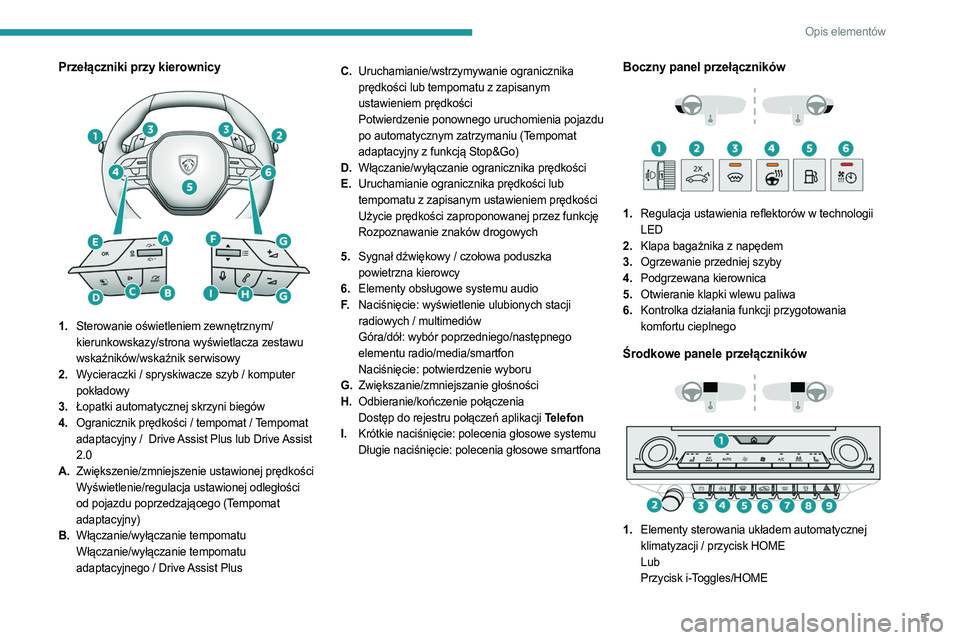 PEUGEOT 308 2023  Instrukcja obsługi (in Polish) 5
Opis elementów
Przełączniki przy kierownicy 
 
1.Sterowanie oświetleniem zewnętrznym/
kierunkowskazy/strona wyświetlacza zestawu 
wskaźników/wskaźnik serwisowy
2. Wycieraczki / spryskiwacze