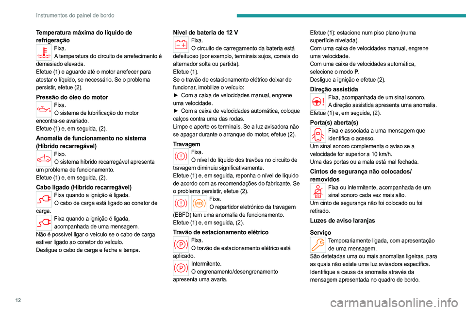 PEUGEOT 308 2023 Manual de utilização (in Portuguese) 12
Instrumentos do painel de bordo
Temperatura máxima do líquido de
refrigeração
Fixa.A temperatura do circuito de arrefecimento é
demasiado elevada.
Efetue (1) e aguarde até o motor arrefecer PEUGEOT 308 2023 Manual de utilização (in Portuguese) 12
Instrumentos do painel de bordo
Temperatura máxima do líquido de
refrigeração
Fixa.A temperatura do circuito de arrefecimento é
demasiado elevada.
Efetue (1) e aguarde até o motor arrefecer