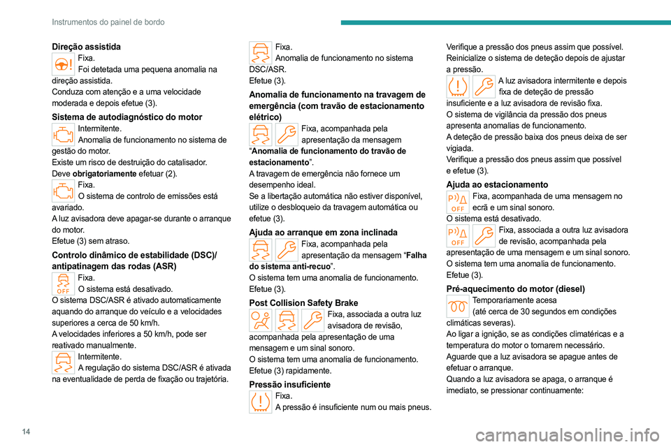 PEUGEOT 308 2023 Manual de utilização (in Portuguese) 14
Instrumentos do painel de bordo
Direção assistidaFixa.Foi detetada uma pequena anomalia na
direção assistida.
Conduza com atenção e a uma velocidade
moderada e depois efetue (3).
Sistema de PEUGEOT 308 2023 Manual de utilização (in Portuguese) 14
Instrumentos do painel de bordo
Direção assistidaFixa.Foi detetada uma pequena anomalia na
direção assistida.
Conduza com atenção e a uma velocidade
moderada e depois efetue (3).
Sistema de