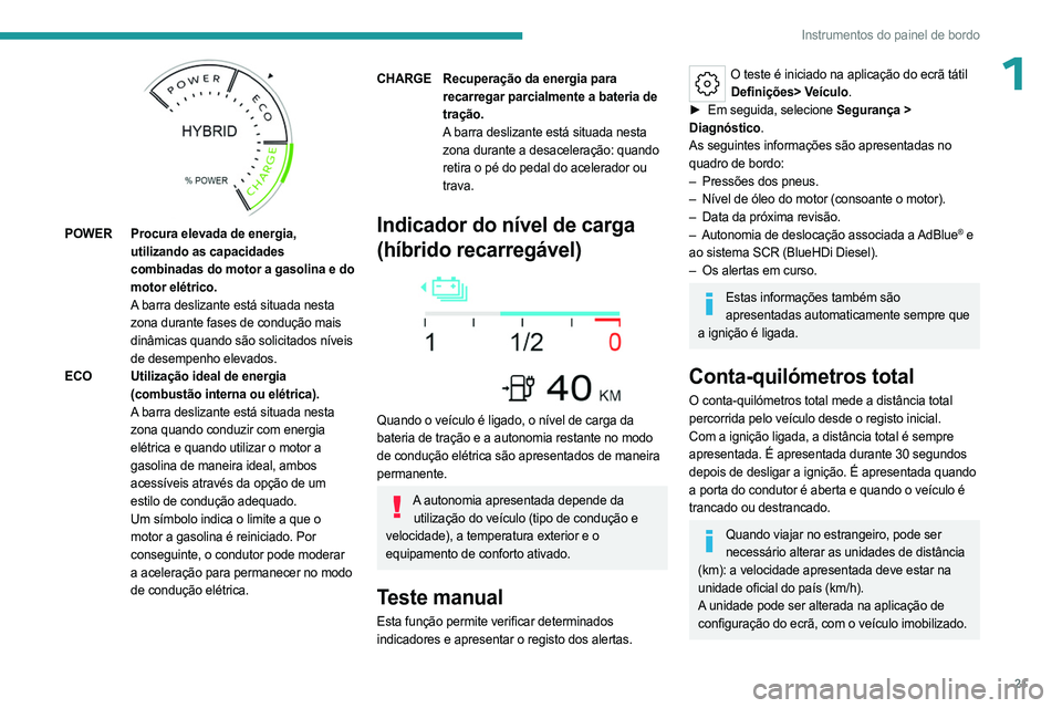 PEUGEOT 308 2023 Manual de utilização (in Portuguese) 21
Instrumentos do painel de bordo
1
POWERProcura elevada de energia,
utilizando as capacidades
combinadas do motor a gasolina e do
motor elétrico.
A barra deslizante está situada nesta
zona d PEUGEOT 308 2023 Manual de utilização (in Portuguese) 21
Instrumentos do painel de bordo
1
POWERProcura elevada de energia,
utilizando as capacidades
combinadas do motor a gasolina e do
motor elétrico.
A barra deslizante está situada nesta
zona d