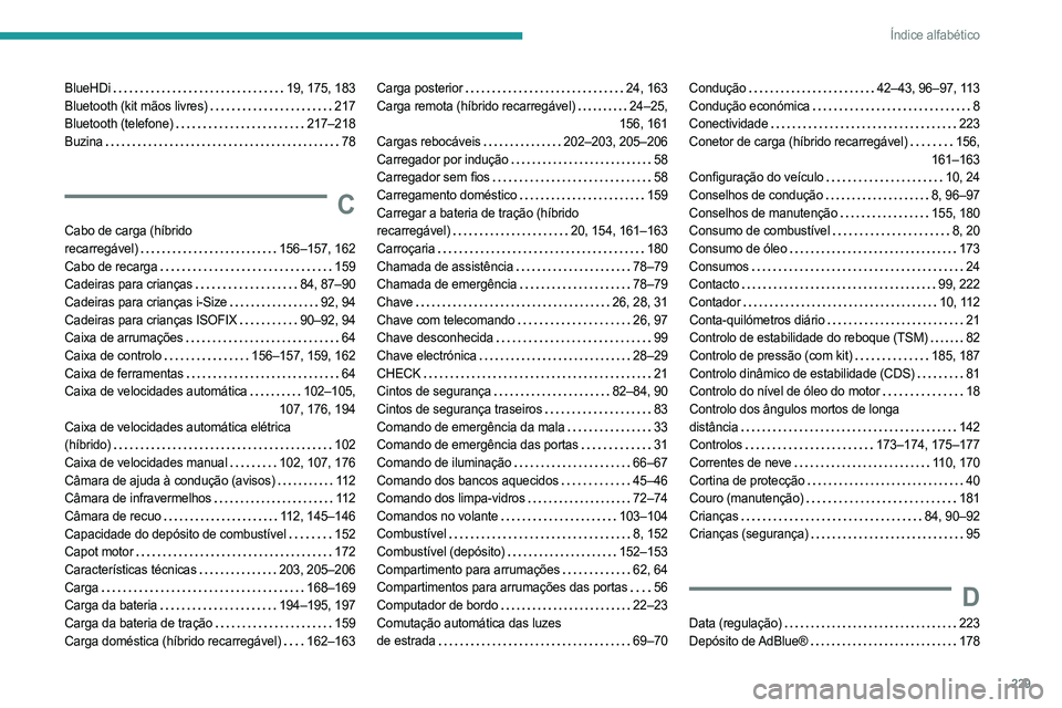 PEUGEOT 308 2023 Manual de utilização (in Portuguese) 229
Índice alfabético
BlueHDi 19, 175, 183
Bluetooth (kit mãos livres)
217
Bluetooth (telefone)
217–218
Buzina
78
C
Cabo de carga (híbrido
recarregável)
156–157, 162
PEUGEOT 308 2023 Manual de utilização (in Portuguese) 229
Índice alfabético
BlueHDi 19, 175, 183
Bluetooth (kit mãos livres)
217
Bluetooth (telefone)
217–218
Buzina
78
C
Cabo de carga (híbrido
recarregável)
156–157, 162