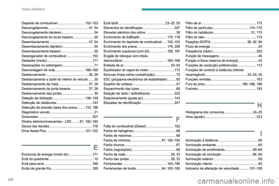 PEUGEOT 308 2023 Manual de utilização (in Portuguese) 230
Índice alfabético
Depósito de combustível 152–153
Descongelamento
47, 54
Descongelamento dianteiro
54
Descongelamento do óculo traseiro
55
Desembaciamento
47, 54
Desemb PEUGEOT 308 2023 Manual de utilização (in Portuguese) 230
Índice alfabético
Depósito de combustível 152–153
Descongelamento
47, 54
Descongelamento dianteiro
54
Descongelamento do óculo traseiro
55
Desembaciamento
47, 54
Desemb