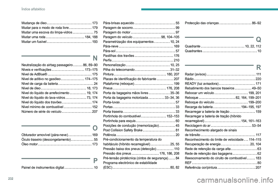 PEUGEOT 308 2023 Manual de utilização (in Portuguese) 232
Índice alfabético
Mudança de óleo 173
Mudar para o modo de roda livre
179
Mudar uma escova do limpa-vidros
75
Mudar uma roda
184, 188
Mudar um fusível
193
N
Neutralizaç PEUGEOT 308 2023 Manual de utilização (in Portuguese) 232
Índice alfabético
Mudança de óleo 173
Mudar para o modo de roda livre
179
Mudar uma escova do limpa-vidros
75
Mudar uma roda
184, 188
Mudar um fusível
193
N
Neutralizaç
