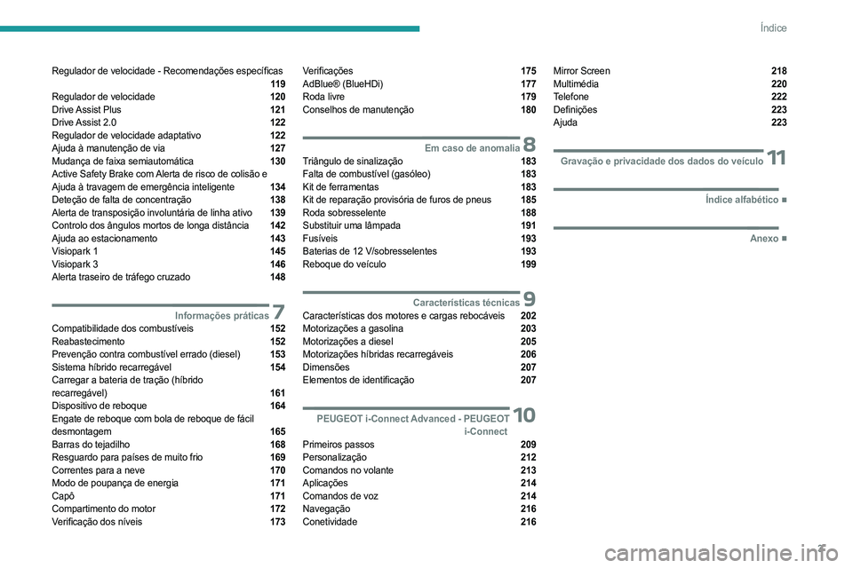 PEUGEOT 308 2023 Manual de utilização (in Portuguese) 3
Índice
Regulador de velocidade - Recomendações específicas 11 9
Regulador de velocidade 120
Drive Assist Plus 121
Drive Assist 2.0 122
Regulador de velocidade adaptativo 122
Ajuda à manu PEUGEOT 308 2023 Manual de utilização (in Portuguese) 3
Índice
Regulador de velocidade - Recomendações específicas 11 9
Regulador de velocidade 120
Drive Assist Plus 121
Drive Assist 2.0 122
Regulador de velocidade adaptativo 122
Ajuda à manu