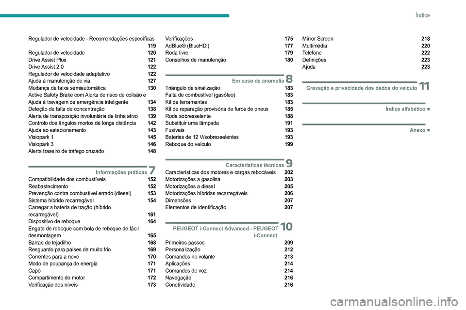 PEUGEOT 308 2023  Manual de utilização (in Portuguese) 3
Índice
Regulador de velocidade - Recomendações específicas  11 9
Regulador de velocidade  120
Drive Assist  Plus  121
Drive Assist  2.0  122
Regulador de velocidade adaptativo  122
Ajuda à manu