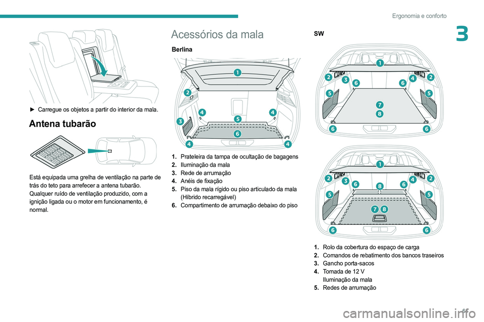 PEUGEOT 308 2023 Manual de utilização (in Portuguese) 61
Ergonomia e conforto
3
► Carregue os objetos a partir do interior da mala.
Antena tubarão
Está equipada uma grelha de ventilação na parte de
trás do teto para arrefecer a antena tubar PEUGEOT 308 2023 Manual de utilização (in Portuguese) 61
Ergonomia e conforto
3
► Carregue os objetos a partir do interior da mala.
Antena tubarão
Está equipada uma grelha de ventilação na parte de
trás do teto para arrefecer a antena tubar
