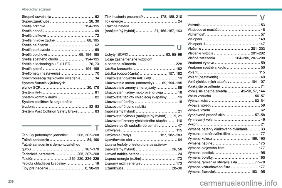 PEUGEOT 308 2023 Návod na použitie (in Slovakian) 236
Abecedný zoznam
Stropné osvetlenia 62
Superuzamknutie
28, 30
Svetlá brzdové
194–195
Svetlá denné
69
Svetlá diaľkové
72
Svetlá hmlové zadné
68, 195
Svetl PEUGEOT 308 2023 Návod na použitie (in Slovakian) 236
Abecedný zoznam
Stropné osvetlenia 62
Superuzamknutie
28, 30
Svetlá brzdové
194–195
Svetlá denné
69
Svetlá diaľkové
72
Svetlá hmlové zadné
68, 195
Svetl