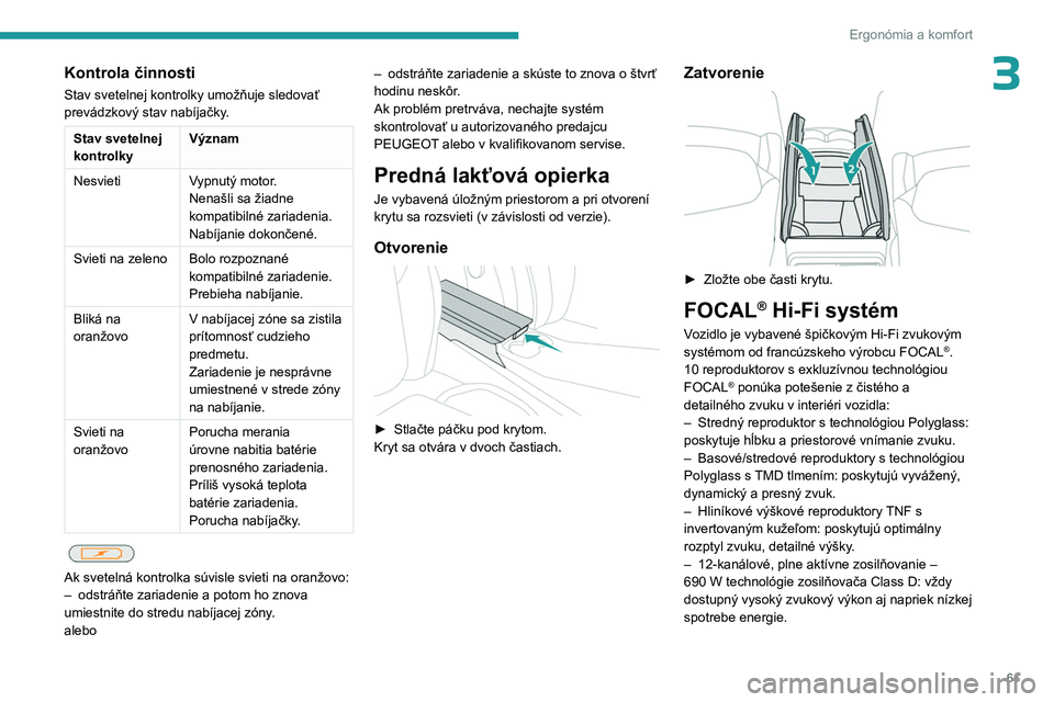 PEUGEOT 308 2023 Návod na použitie (in Slovakian) 61
Ergonómia a komfort
3Kontrola činnosti
Stav svetelnej kontrolky umožňuje sledovať
prevádzkový stav nabíjačky.
Stav svetelnej
kontrolkyVýznam
Nesvieti Vypnutý motor.
Nenašli sa žiadne PEUGEOT 308 2023 Návod na použitie (in Slovakian) 61
Ergonómia a komfort
3Kontrola činnosti
Stav svetelnej kontrolky umožňuje sledovať
prevádzkový stav nabíjačky.
Stav svetelnej
kontrolkyVýznam
Nesvieti Vypnutý motor.
Nenašli sa žiadne
