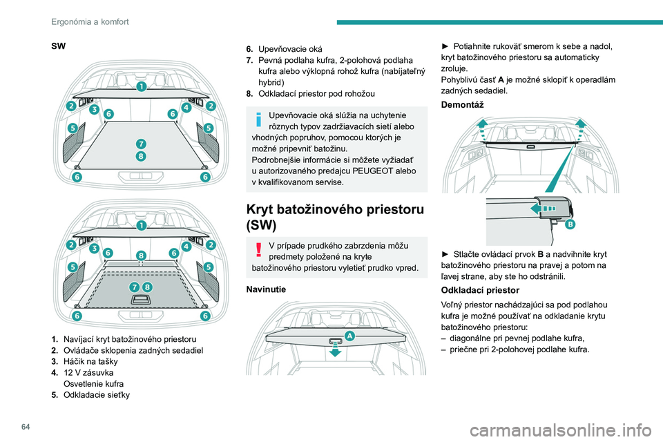 PEUGEOT 308 2023 Návod na použitie (in Slovakian) 64
Ergonómia a komfort
SW
1. Navíjací kryt batožinového priestoru
2. Ovládače sklopenia zadných sedadiel
3. Háčik na tašky
4. 12
V zásuvka
Osvetlenie kufra
5. Odkladacie sieťky
6 PEUGEOT 308 2023 Návod na použitie (in Slovakian) 64
Ergonómia a komfort
SW
1. Navíjací kryt batožinového priestoru
2. Ovládače sklopenia zadných sedadiel
3. Háčik na tašky
4. 12
V zásuvka
Osvetlenie kufra
5. Odkladacie sieťky
6