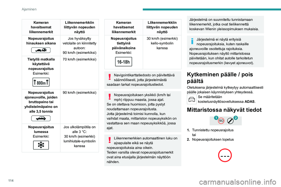 PEUGEOT 308 2023  Omistajan Käsikirja (in Finnish) 11 4
Ajaminen
Kameran 
havaitsemat 
liikennemerkit Liikennemerkkiin 
liittyvän nopeuden  näyttö
Nopeusrajoitus 
hinauksen aikana
 
 
Jos hyväksytty 
vetolaite on kiinnitetty  autoon:
90 km/h (esim
