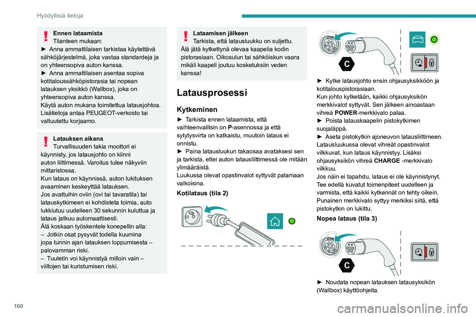 PEUGEOT 308 2023 Omistajan Käsikirja (in Finnish) 160
Hyödyllisiä tietoja
Ennen lataamista
Tilanteen mukaan:
►  Anna
  ammattilaisen   tarkistaa   käytettävä  
sähköjärjestelmä, joka vastaa standardeja ja
on yhteensopiva auton k PEUGEOT 308 2023 Omistajan Käsikirja (in Finnish) 160
Hyödyllisiä tietoja
Ennen lataamista
Tilanteen mukaan:
►  Anna
  ammattilaisen   tarkistaa   käytettävä  
sähköjärjestelmä, joka vastaa standardeja ja
on yhteensopiva auton k