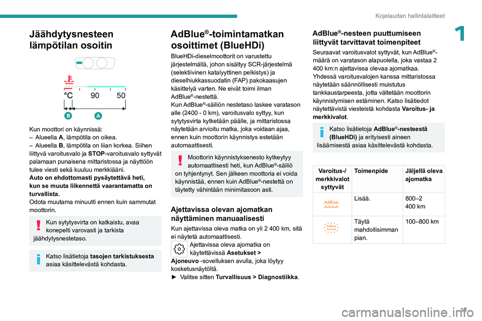 PEUGEOT 308 2023  Omistajan Käsikirja (in Finnish) 19
Kojelaudan hallintalaitteet
1Jäähdytysnesteen 
lämpötilan osoitin
 
 
Kun moottori on käynnissä:
–  Alueella  A, lämpötila on oikea.
–
  Alueella  B, lämpötila on liian korkea. Siihen