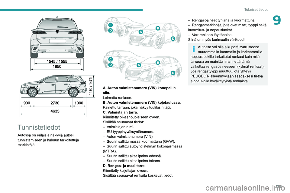 PEUGEOT 308 2023  Omistajan Käsikirja (in Finnish) 203
Tekniset tiedot
9
 
 
 
Tunnistetiedot
Autossa on erilaisia näkyviä autosi 
tunnistamiseen ja hakuun tarkoitettuja 
merkintöjä.
 
 
A. Auton valmistenumero (VIN) konepellin 
alla.
Leimattu run