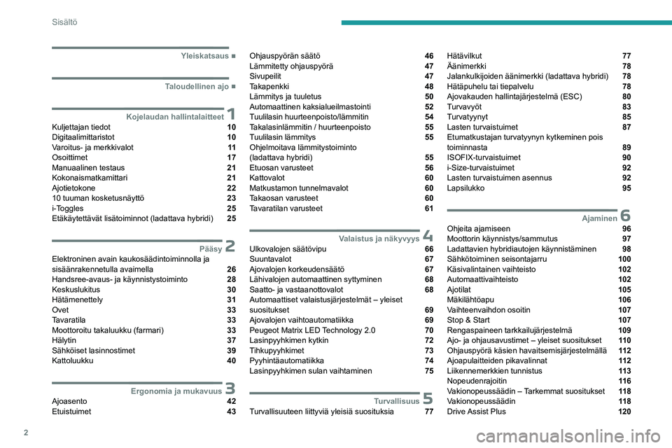 PEUGEOT 308 2023  Omistajan Käsikirja (in Finnish) 2
Sisältö
  ■
Yleiskatsaus
  ■
Taloudellinen ajo
 1Kojelaudan hallintalaitteetKuljettajan tiedot  10
Digitaalimittaristot  10
Varoitus- ja merkkivalot  11
Osoittimet  17
Manuaalinen testau