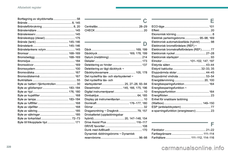 PEUGEOT 308 2023 Bruksanvisningar (in Swedish) 220
Alfabetiskt register
Borttagning av skyddsmatta 58
Bränsle
8, 145
Bränsleförbrukning
8, 20
Bränslemätare
145
Bränslereserv
145
Bränslestopp (diesel)
175
Bränsl PEUGEOT 308 2023 Bruksanvisningar (in Swedish) 220
Alfabetiskt register
Borttagning av skyddsmatta 58
Bränsle
8, 145
Bränsleförbrukning
8, 20
Bränslemätare
145
Bränslereserv
145
Bränslestopp (diesel)
175
Bränsl