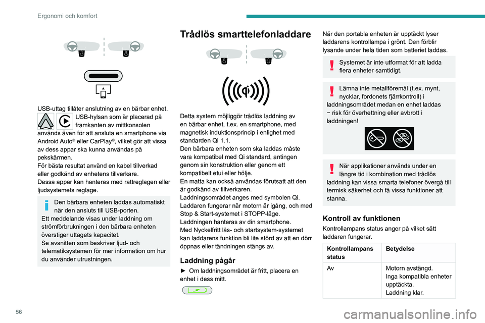 PEUGEOT 308 2023 Bruksanvisningar (in Swedish) 56
Ergonomi och komfort
USB-uttag tillåter anslutning av en bärbar enhet.USB-hylsan som är placerad på
framkanten av mittkonsolen
används även för att ansluta en smartphone via
Andro PEUGEOT 308 2023 Bruksanvisningar (in Swedish) 56
Ergonomi och komfort
USB-uttag tillåter anslutning av en bärbar enhet.USB-hylsan som är placerad på
framkanten av mittkonsolen
används även för att ansluta en smartphone via
Andro