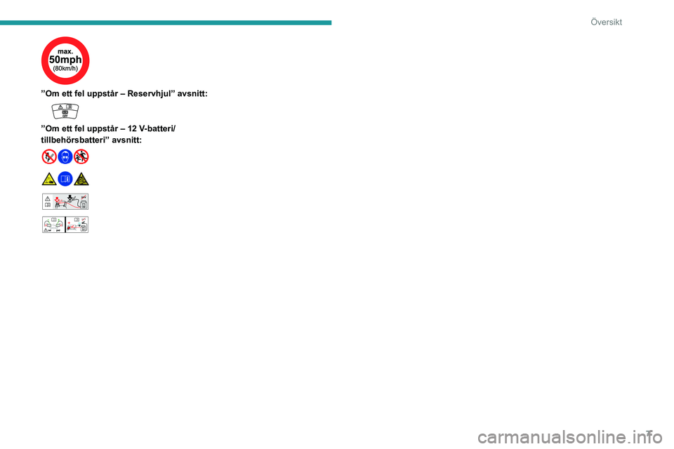 PEUGEOT 308 2023  Bruksanvisningar (in Swedish) 7
Översikt
 
”Om ett fel uppstår – Reservhjul” avsnitt: 
 
”Om ett fel uppstår – 12 V-batteri/
tillbehörsbatteri” avsnitt:
 
 
 
 
 24V12V 
 
    