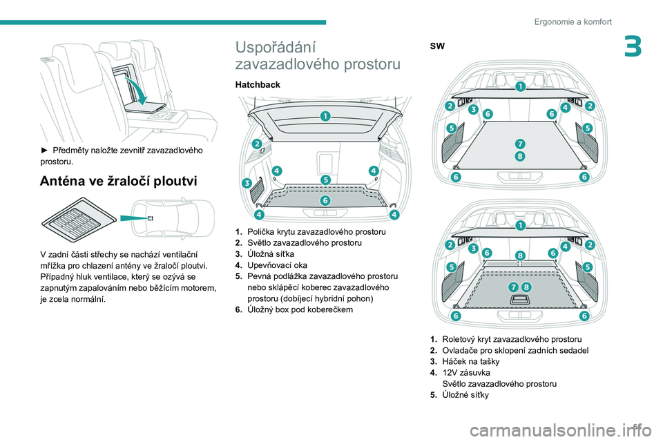 PEUGEOT 308 2023  Návod na použití (in Czech) 61
Ergonomie a komfort
3
 
► Předměty naložte zevnitř zavazadlového 
prostoru.
Anténa ve žraločí ploutvi 
 
V zadní části střechy se nachází ventilační 
mřížka pro chlazení ant